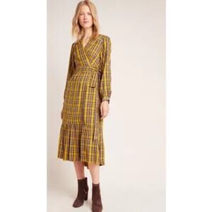 NWT Anthropologie Dalton Wrap Maxi Dress Yellow & Brown Plaid w/ Pockets Size L